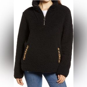Thread & Supply Black Fleece Jacket XS Quarter Zip Oversized Leopard Pockets